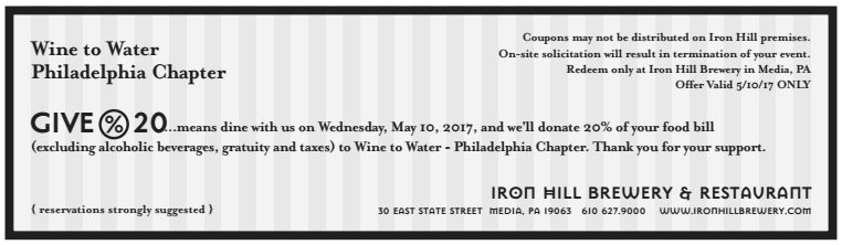 WTWphilly's tweet photo. Enjoy a meal at @IronHillMedia today &amp; help provide clean water to those in need. Using the coupon, 20% will be donated back to #WineToWater https://t.co/0sLLUuUwJu