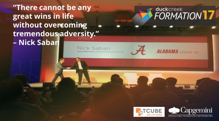 TCubeSolutions's tweet photo. The @TCubeSolutions and @Capgemini team listen to the great @NickSabanUofA speak today at #Formation17! @DuckCreekTech https://t.co/k1ijzd5AXz