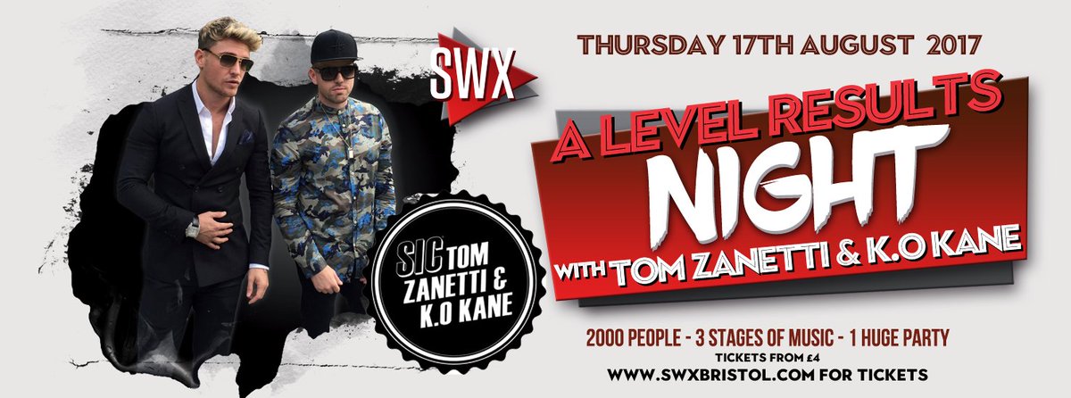 EVENT ANNOUNCEMENT 

We are so excited to bring <a href="/TomZanettiTZ/">Tom Zanetti</a> &amp; @kokanedj to our A Levels Results Night! 

Tickets - bit.ly/2ALEVELSSWX