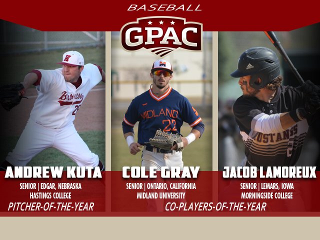 GPACSports's tweet photo. 2017 Baseball All-Conference Teams highlighted by Kuta (Pitcher), Gray  &amp; Lamoreux (Co-Players-of-the-Year). Story: https://t.co/baSm0TQF8F https://t.co/2Op3Y4MPls