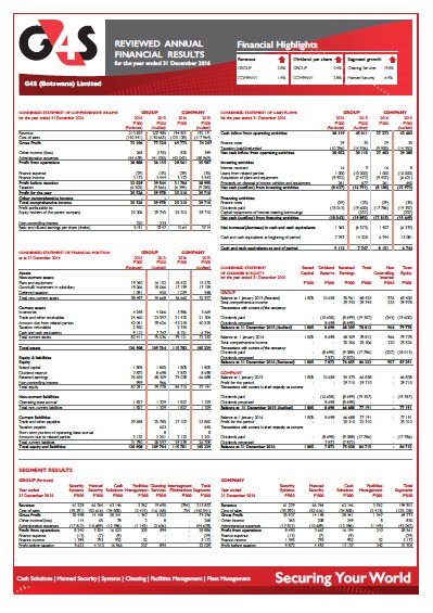 Africafinancial's tweet photo. G4S Botswana Limited FY-2016 Results #IMLSEX $G4S #IMLANNUALRESULTS #IMLSECURITY #IMLBSE https://t.co/qjW1SPXp4B https://t.co/LZIcbKyoVc