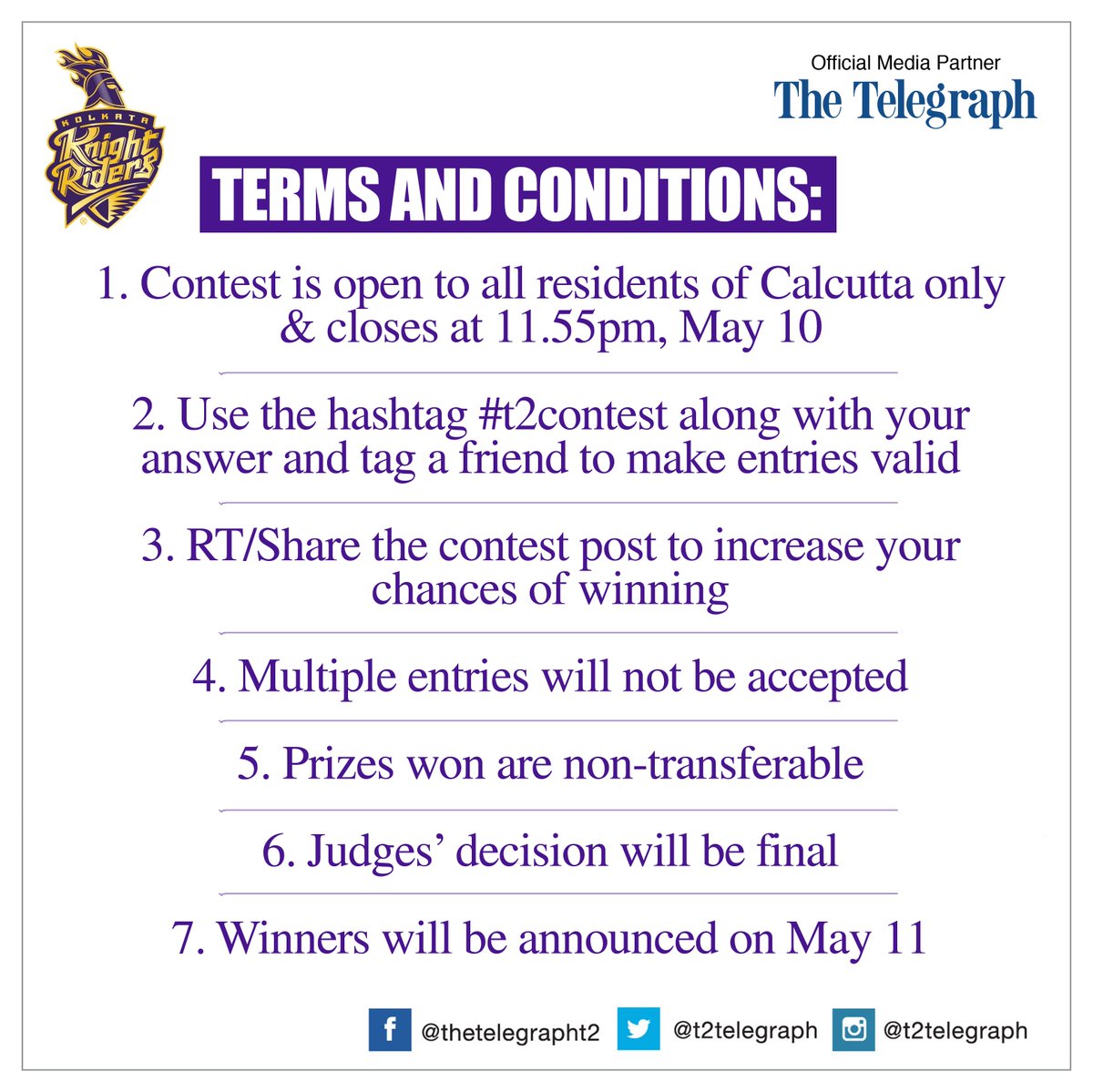 t2telegraph's tweet photo. Answer this question &amp; you could win two tickets for the KKR vs MI game at Eden Gardens on May 13! #t2contest #amiKKR #IPL2017 https://t.co/Se1g2hNbkL