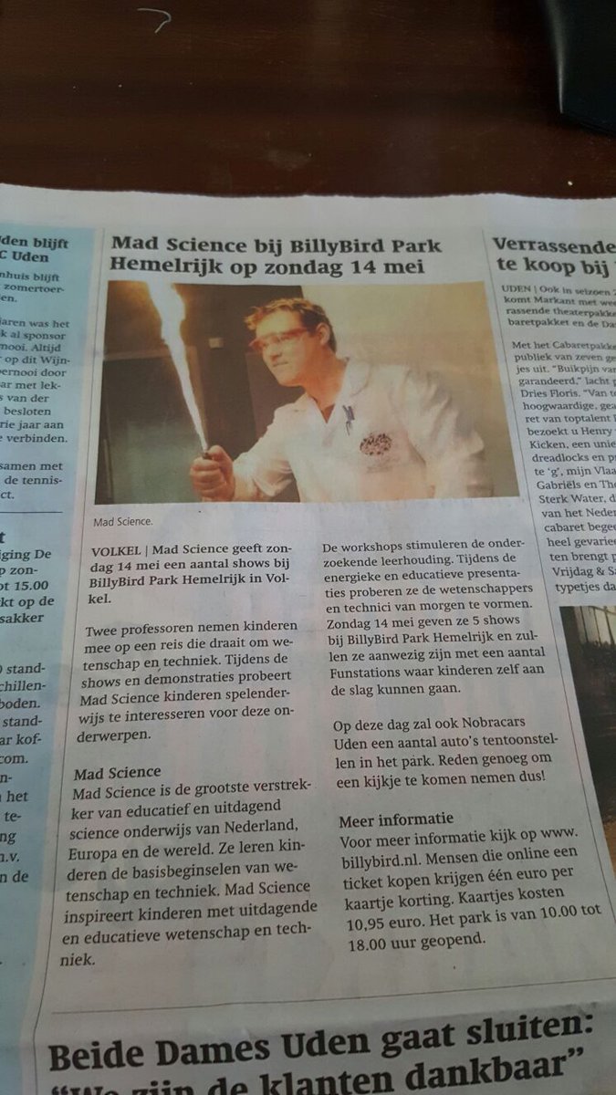 Leuk artikel in het <a href="/UdensWeekblad/">Udens Weekblad</a> over Mad Science @BillyBirdPark. Wordt een top dag!!