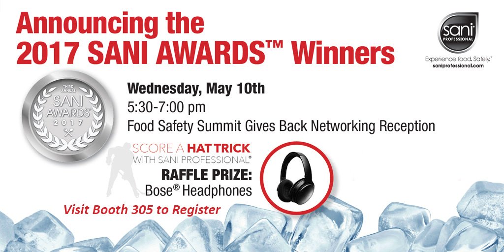 WeAreSaniPro's tweet photo. Don't miss 2017 Sani Awards winners at the #FoodSafetySummit Gives Back Networking Reception. Enter raffle at Booth 305. #WinThisFoodFight https://t.co/OoWigoXryA