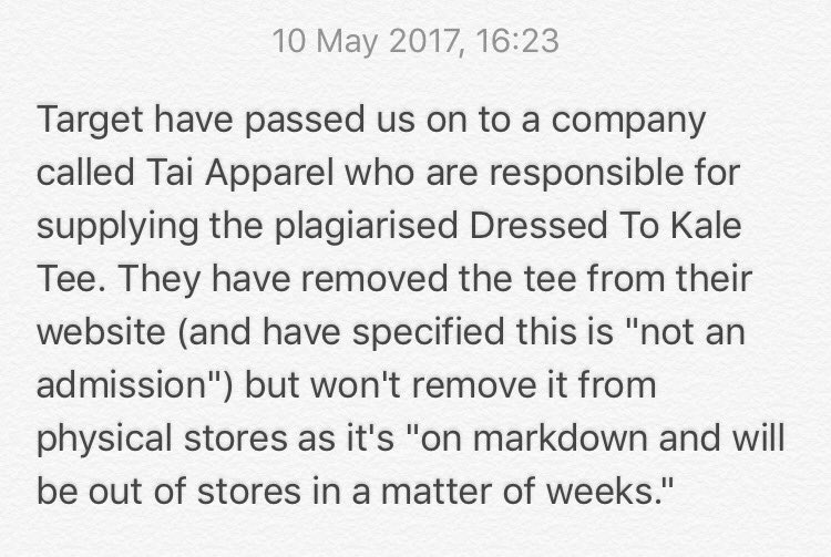 charlicohen's tweet photo. Target update: They won't remove the plagiarised tee immediately, won't apologise + they're devaluing it further. Does this sound right? 🤔 https://t.co/zMKG4mupnu