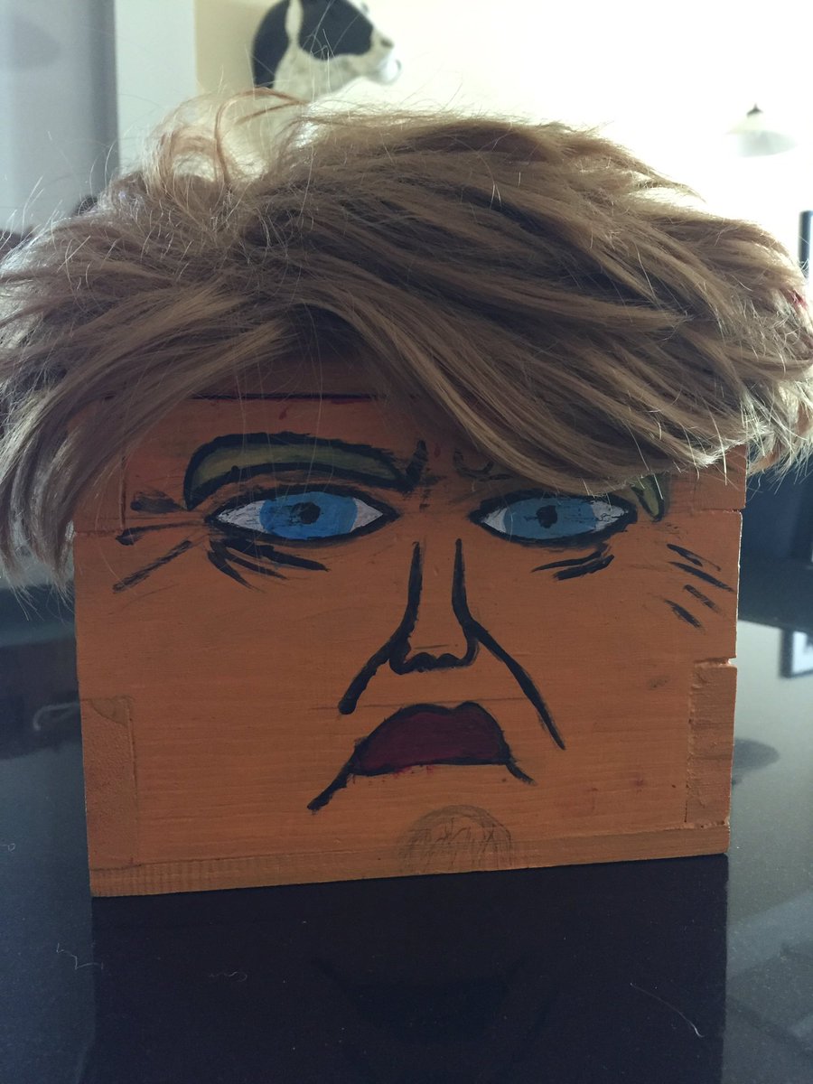 katybluewater's tweet photo. .@realDonaldTrump do you like my sons school project? #trumpbox #orange #wig https://t.co/MVvQv81pkN