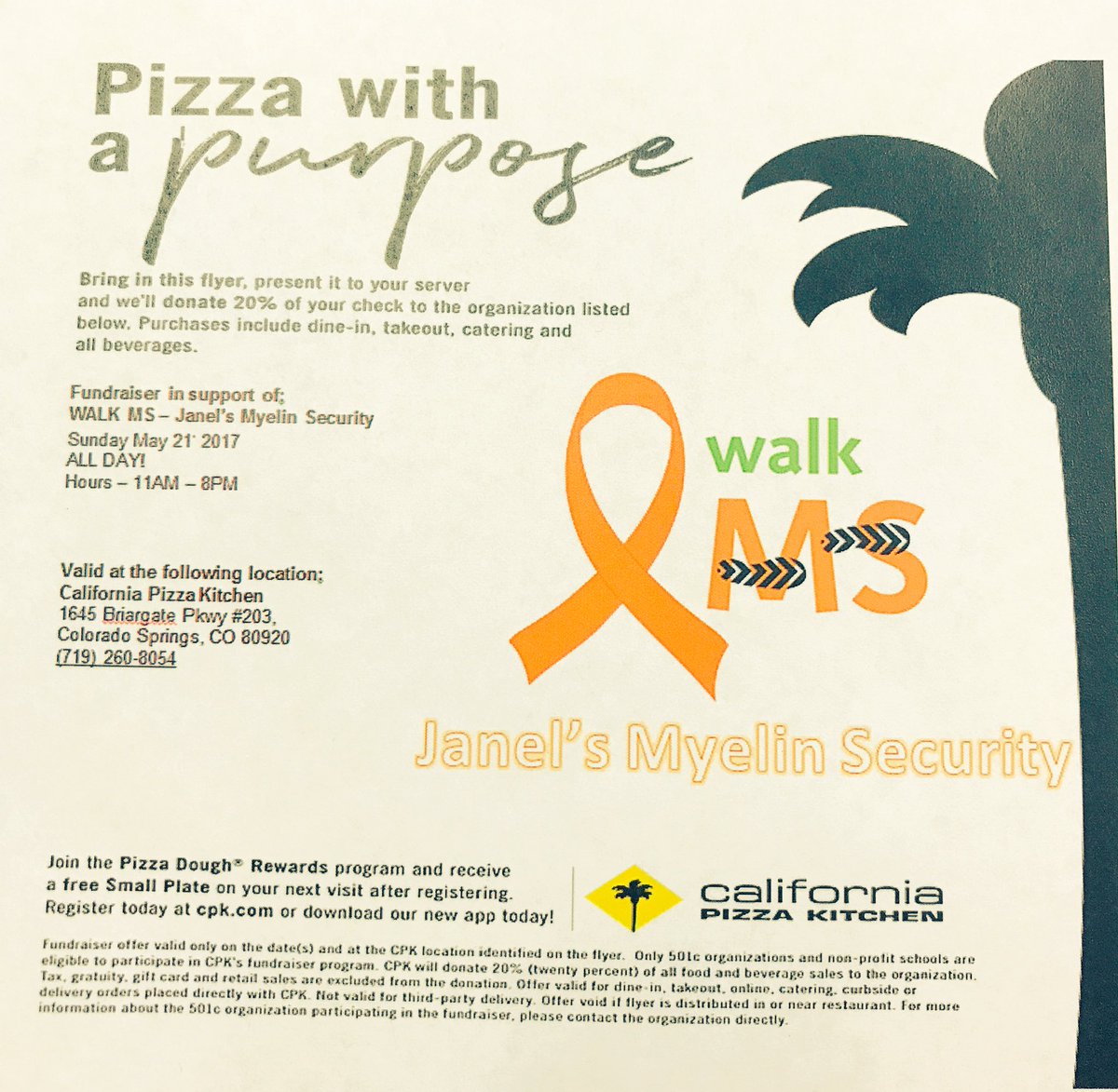 JMyelinSecurity's tweet photo. 5.21.17 join us at California Pizza Kitchen for a great fundraiser! 20% of your bill will bedonated back to our Walk MS team withthis flyer! https://t.co/b7EIbk2OkF