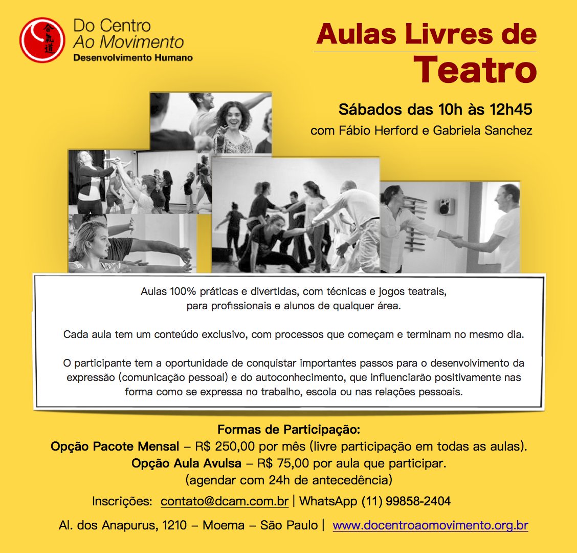 Aulas livres de Teatro, aos sábados, comigo e com a @essagabi no <a href="/aikidcam/">DoCentroAoMovimento</a> 
 Venha experimentar!