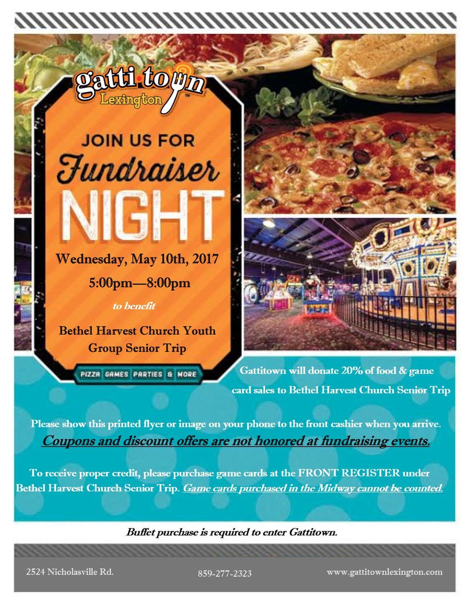 bethelharvest's tweet photo. Join us at GattiTown tonight 5p-8p! Show the picture when you pay & 20% of sales go to @The_Re_Defined! #bethelharvestlex #wearetheredefined https://t.co/bN4tfb30MH