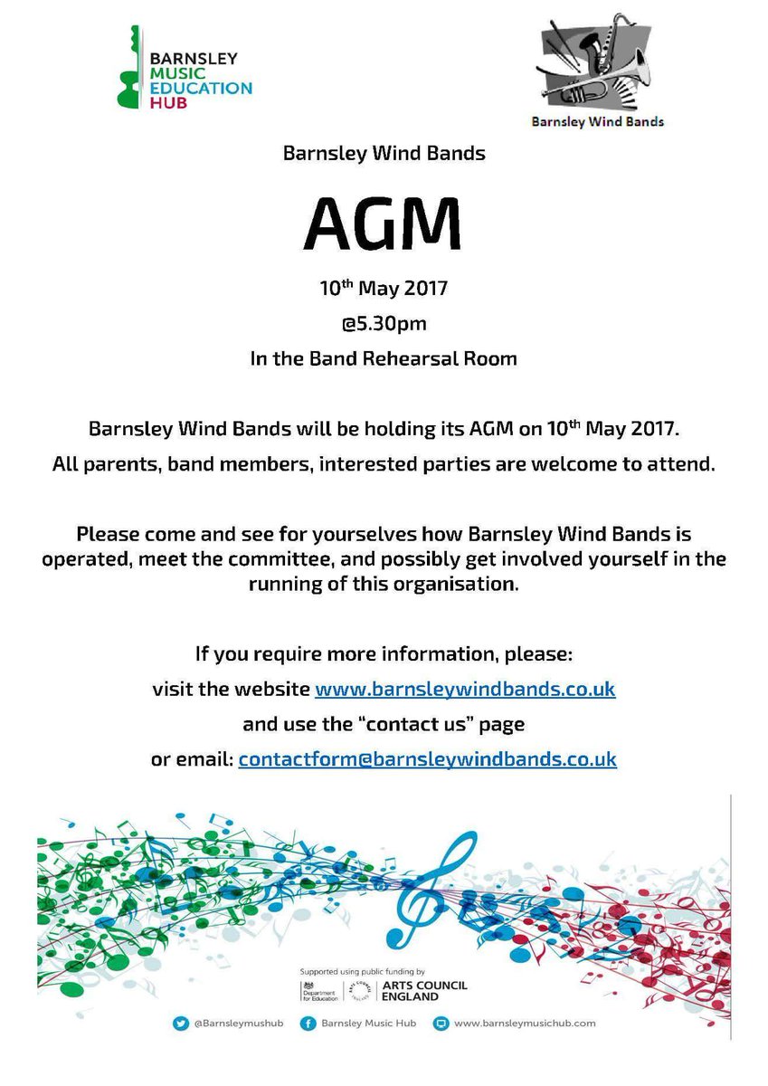 Barnsley Wind Bands AGM tonight at 5.30.
It would be great to see you there (At the civic)
#BarnsleyWindBands #AGM #ComeAndJoinUs