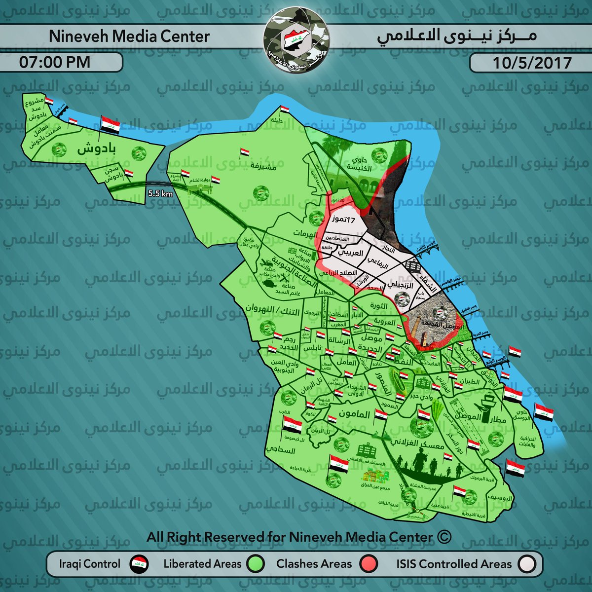 بالخارطة.. هذا ما تبقى لداعش منذ انطلاق معركة الموصل وحتى اليوم 10/5/2017