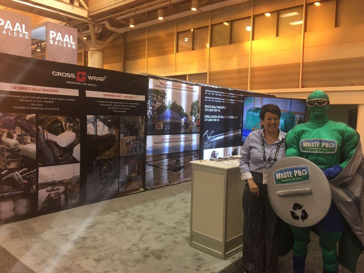 CrossWrapLtd's tweet photo. Our CEO Satu Kivelä leading our sales team in Waste Expo New Orleans USA 2017 with the company's new favourite superhero! #wasteexpo https://t.co/axupztCSf4