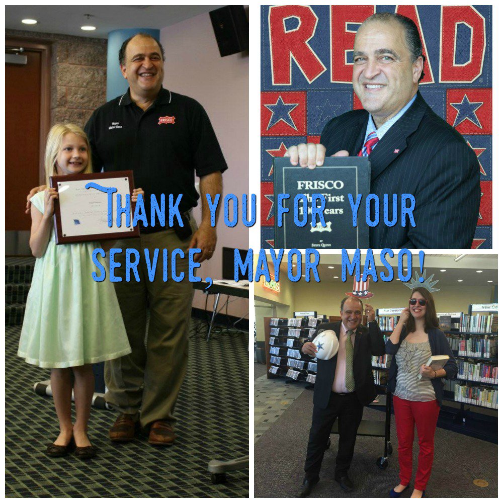 friscolibrary's tweet image. The staff at Frisco Public Library would like to thank you for your years of service, Mayor @MaherMaso! #FriscoMayor