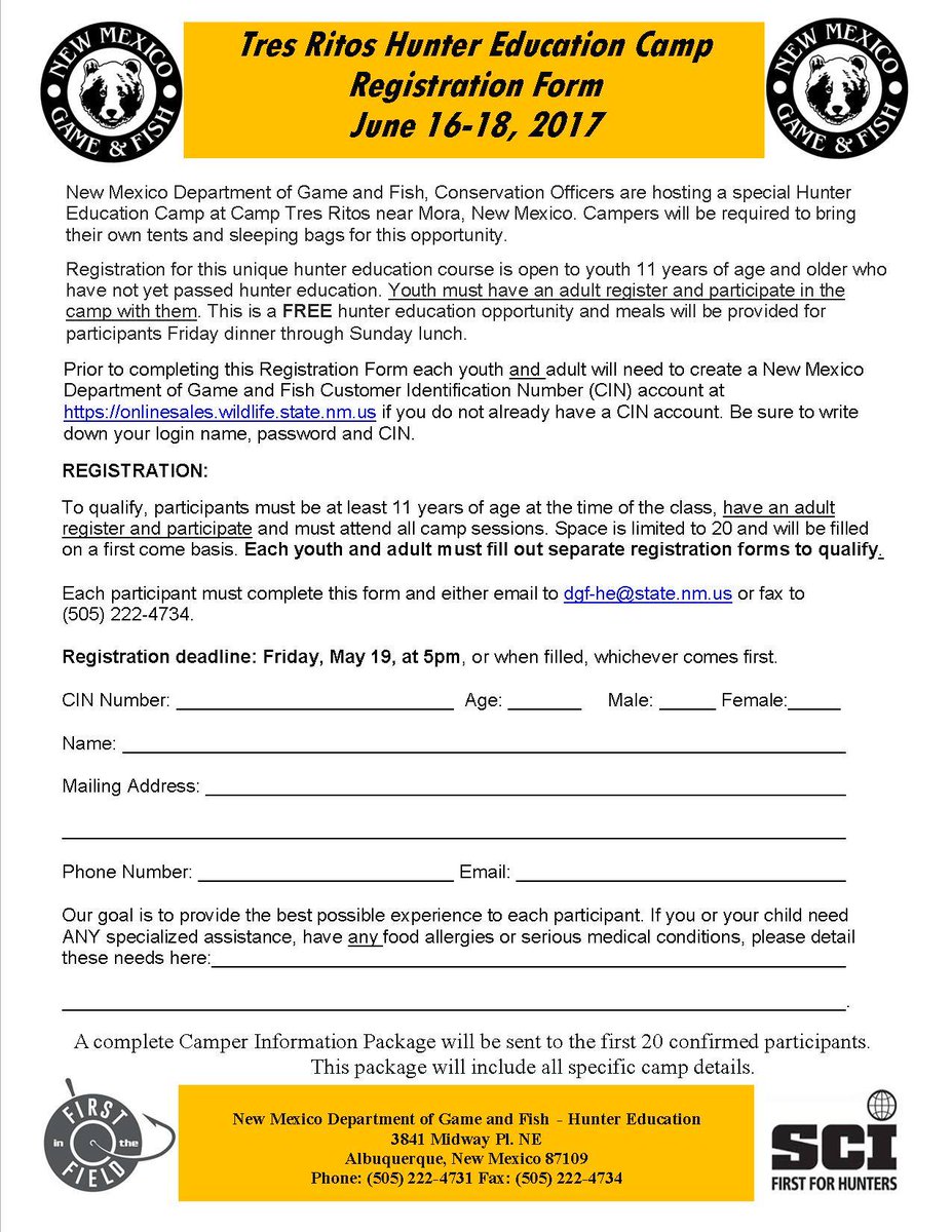 NMDGF's tweet photo. Registration is OPEN for the Tres Ritos #Hunter #Education Camp, June 16-18. Registration form is below. #NMHunterEducation #SafeHunting https://t.co/YZ1SHwNIn1
