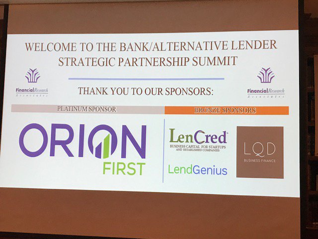 FRAConferences's tweet photo. Thank you to the sponsors of #AltLend Summit: Platinum sponsor: @orionfirst, Bronze sponsors:  @LenCred, @lendgenius, @LQDfinance https://t.co/lWn9GNBuxS