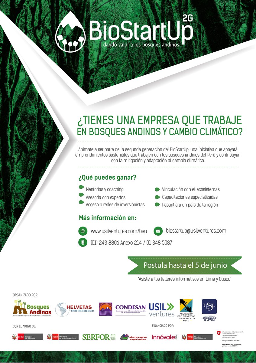 BioStartupUSIL's tweet photo. Abiertas las inscripciones para el #BioStartUp2G Bases y postulación: https://t.co/B33lIeBTOj #CambioClimatico #BosquesAndinons #innovación https://t.co/1WfD9arh2s
