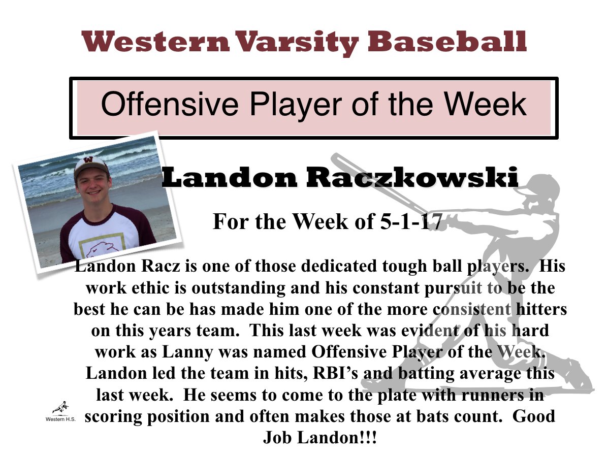 western_ball's tweet photo. Congrats to @Landonracz for being named last weeks Offensive Player of the Week #whs_baseball https://t.co/FNKq6t8Fn8