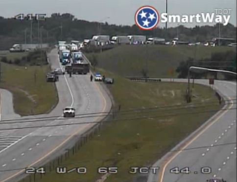 WSMV's tweet photo. 4WARN Traffic: Ramp from I-65 North to I-24 East north of town blocked due to crash. Est. clear time is 12:30 p.m. https://t.co/K3UhAo7c5R