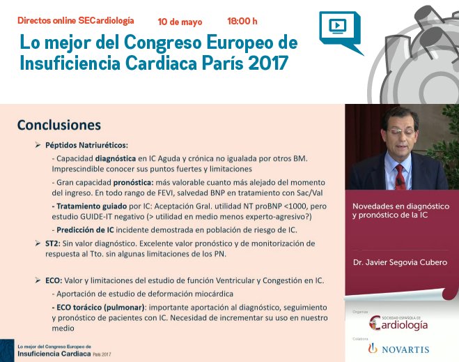 secardiologia's tweet photo. Diapositiva de conclusiones del doctor Javier Segovia sobre novedades en diagnóstico y pronóstico de la insuficiencia cardiaca
#postIC17 https://t.co/x1CbC6RmcS