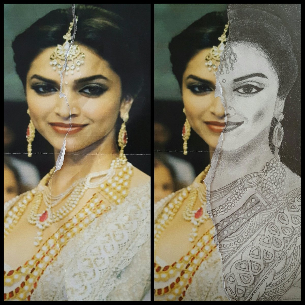 My beautiful 14-year old, Amrita's, school art assignment. Replicate a half ripped picture with pencil. Proud mum! <a href="/deepikapadukone/">Deepika Padukone</a>