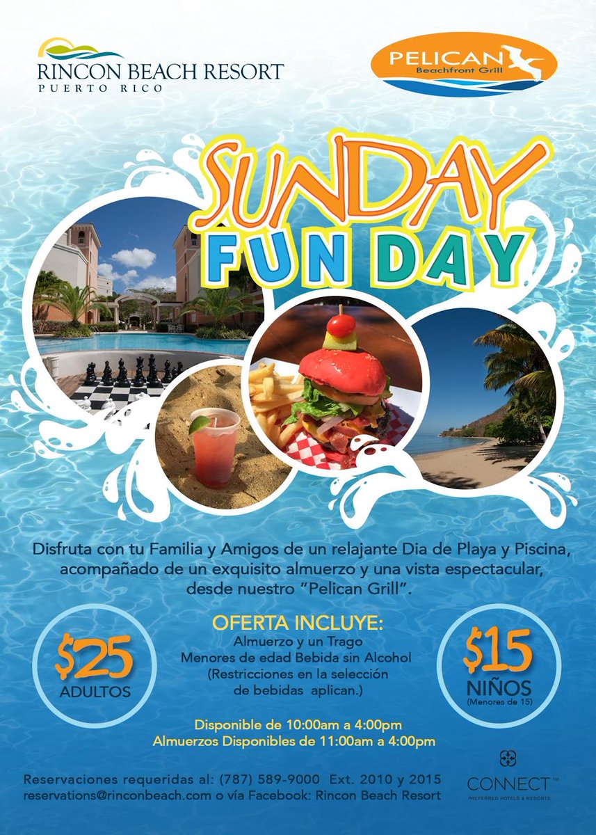 Enjoy our Sunday Funday day pass offer for only $25 p/p. Reserve at reservations@rinconbeach.com or 787-589-9000.