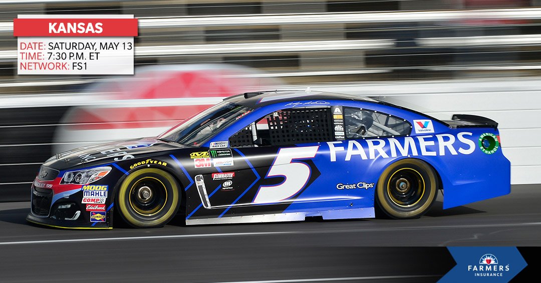 RodMudd's tweet image. .@KaseyKahne is back in the #Farmers5 for a night race @KansasSpeedway! Who else will be cheering him on this Saturday?