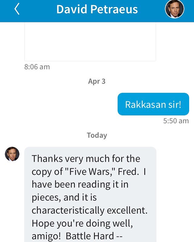 fredwjohnsonjr's tweet photo. I certainly appreciate the feedback from General Petraeus on FIVE WARS. Go to https://t.co/6jODcSIGcp &amp; purchase a signed copy. https://t.co/WobnTUwQry