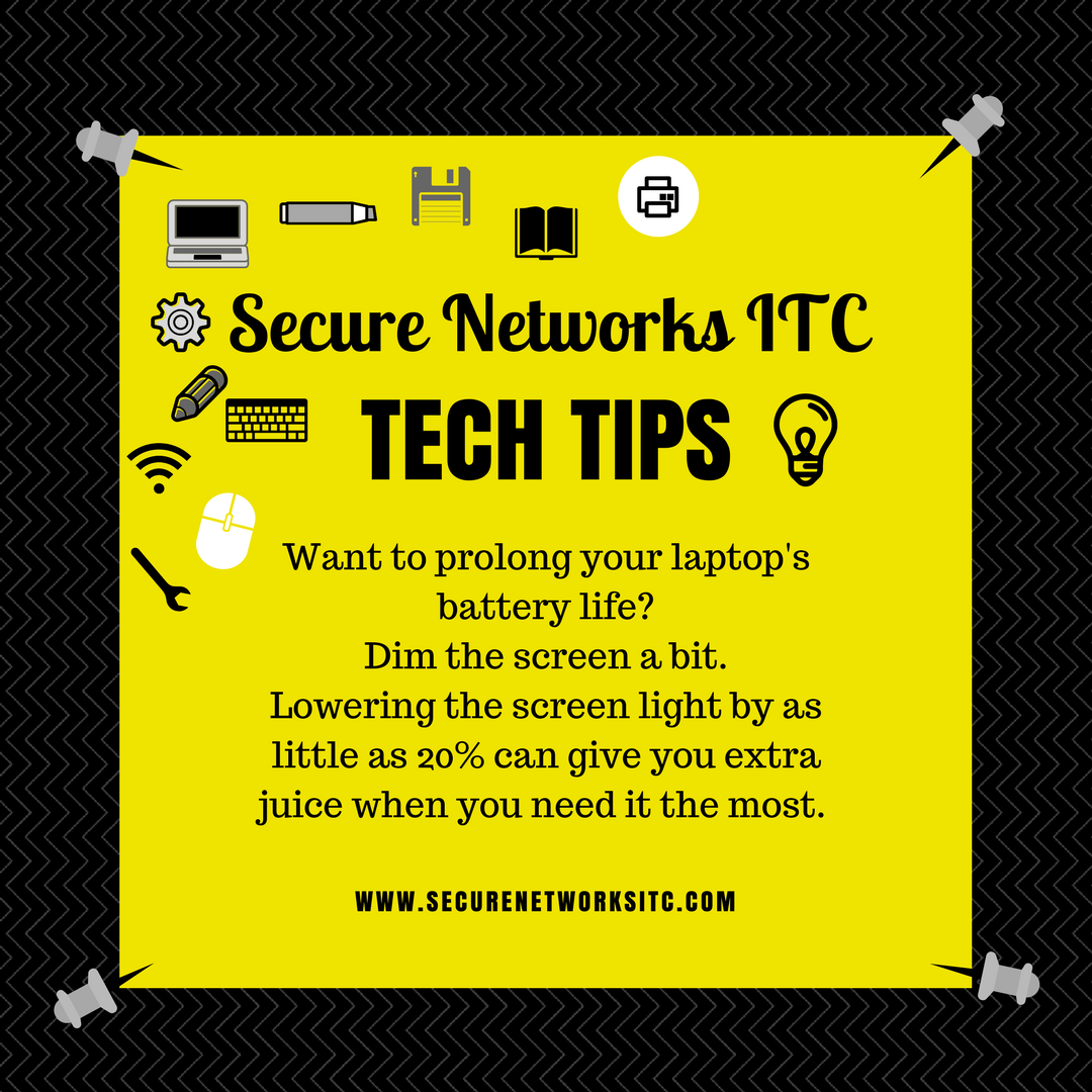 secnetitc's tweet photo. #SecNetITC tip for prolonging your laptop's battery life ππππ»
#wednesdaywisdom #SecureNetworksITC #techtips #itservices #itsupport #snitc https://t.co/IThcjYDlw1