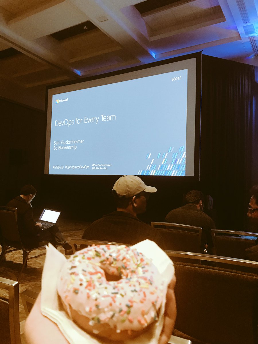 lyenokyan's tweet photo. Very healthy breakfast brought to you by @Microsoft #MSBuild2017 #MSBuild #springintodevops #donut #withsprinkles https://t.co/LxB5j3LybY