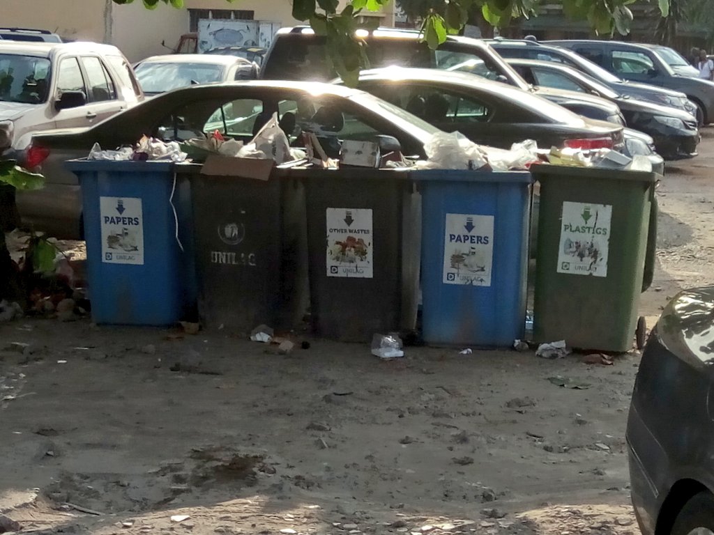 brotherbarth's tweet photo. @ERL_ENVIRONMENT What's the need for variety of bins if wastes won't be sorted. This is in a university.  Taken today #valuereorientation https://t.co/tZmCq6e4Ce