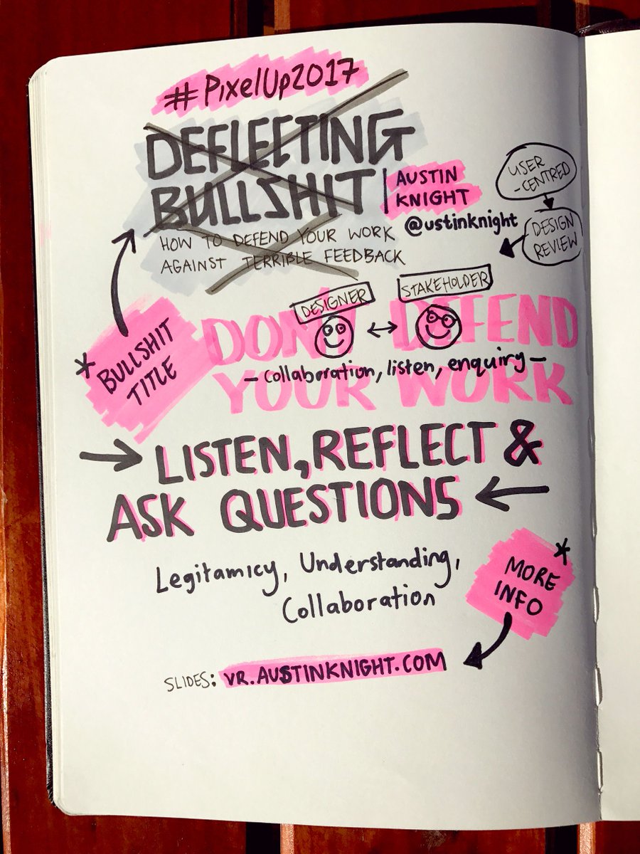 DylanJones's tweet photo. Deflecting Bullshit: How To Defend Your Work Against Terrible Feedback by @ustinKnight #PixelUp2017 #sketchnotes https://t.co/j14JKgVxhf