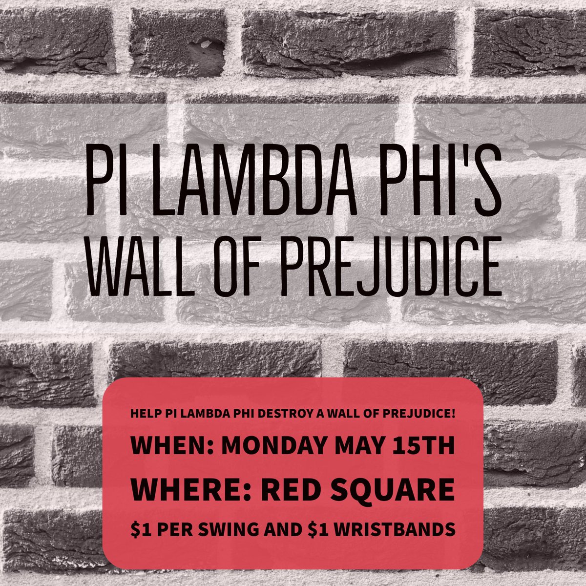 Pi_LamMDKD's tweet photo. Come out and support the brothers of Pi Lambda Phi as we attempt to knock out prejudice on May 15th from 10:00-2:00 in red square https://t.co/Eotf2Cogzc
