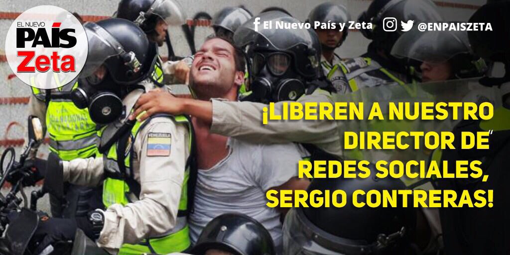 FreddyGuevaraC's tweet photo. Sergio Contreras fue golpeado y detenido por tener un megáfono. Los colectivos que nos dispararon pasean libres. https://t.co/UY4uMfhiAS