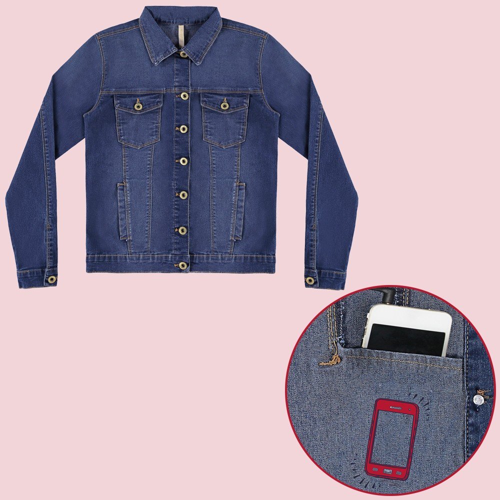 A jaqueta jeans é a peça mais cool do closet! Com bolso interno para celular, a... instagram.com/p/BT7ADLfja3S