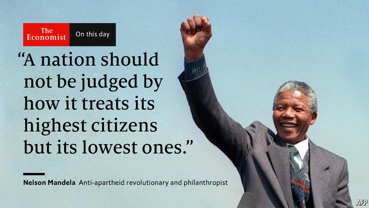 TheEconomist's tweet image. After more than three centuries of white rule, Mandela became South Africa's first black president #OnThisDay 1994 econ.st/2q279Eo