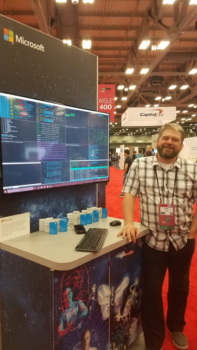 DustinKirkland's tweet image. The @Microsoft booth at #OSCON2017, with @richturn_ms showing off #Bash on @ubuntu on Windows.  With #Hollywood and #Byobu  :-)