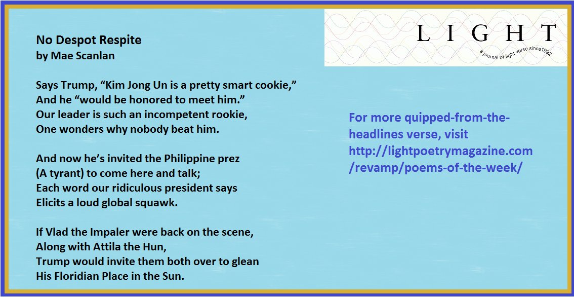 LightPoetryMag's tweet photo. Our next #PoemsOfTheWeek deadline is Fri @ noon PST!
#maescanlan #trumpverse https://t.co/H4y5GkuQtZ