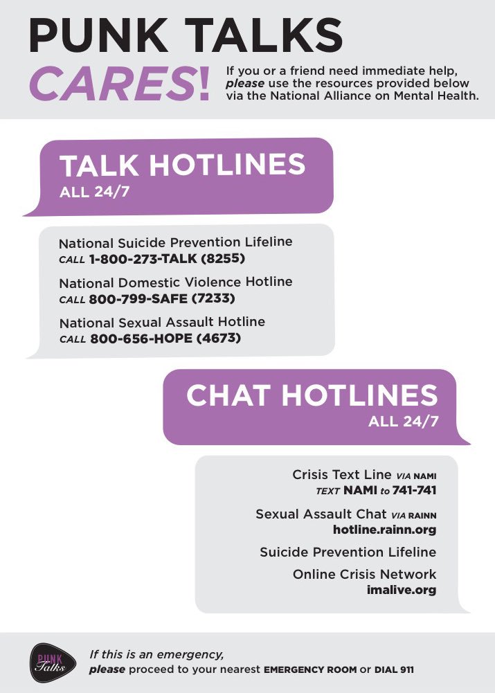 PunkTalks's tweet image. In our push to make more resources immediately available to you, we have added a list of crises/emergency lines 💜
punktalks.org/resources/