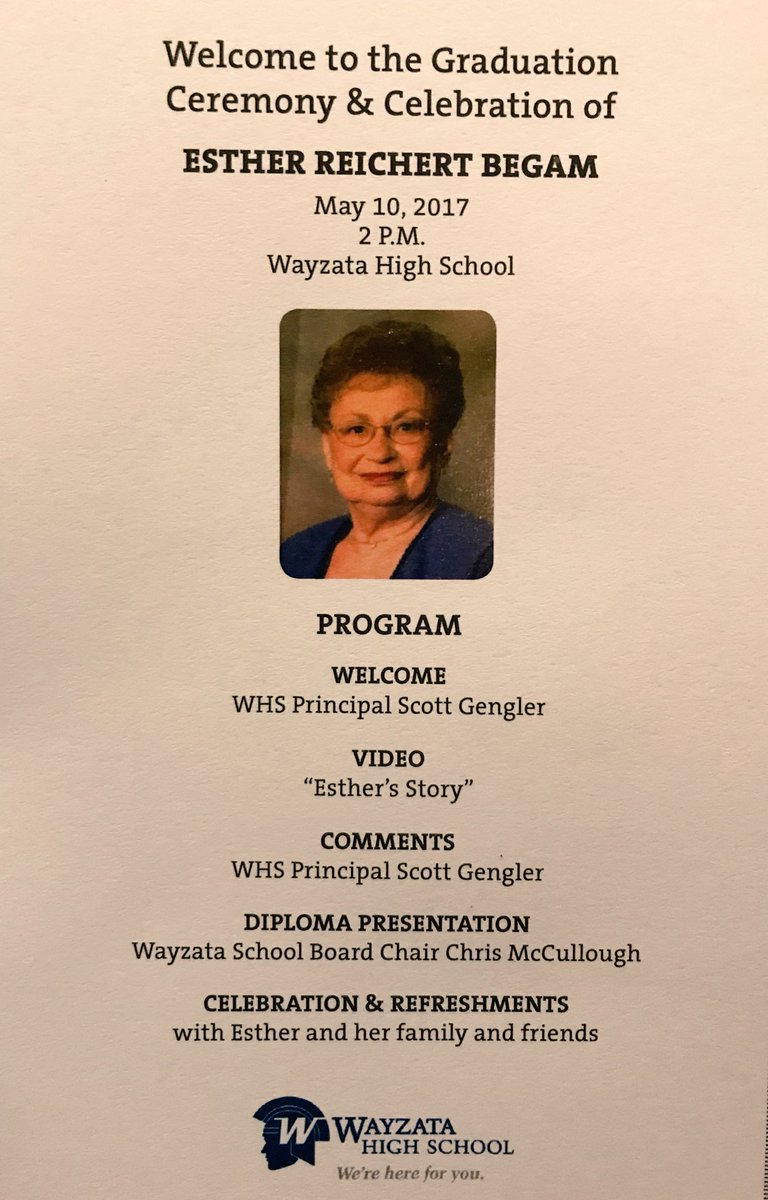 WayzataHS's tweet image. Honorary graduation ceremony for Esther Reichert Begam #trojanpride