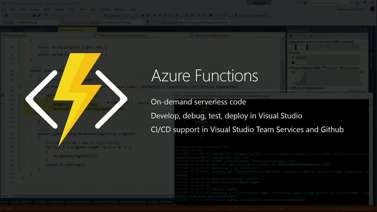 AzureFunctions's tweet photo. As announced in the #msbuild keynote, #AzureFunctions tools for #VisualStudio2017 are now available! Try it today! https://t.co/TE55bBsbMy https://t.co/kxHP21xi4H
