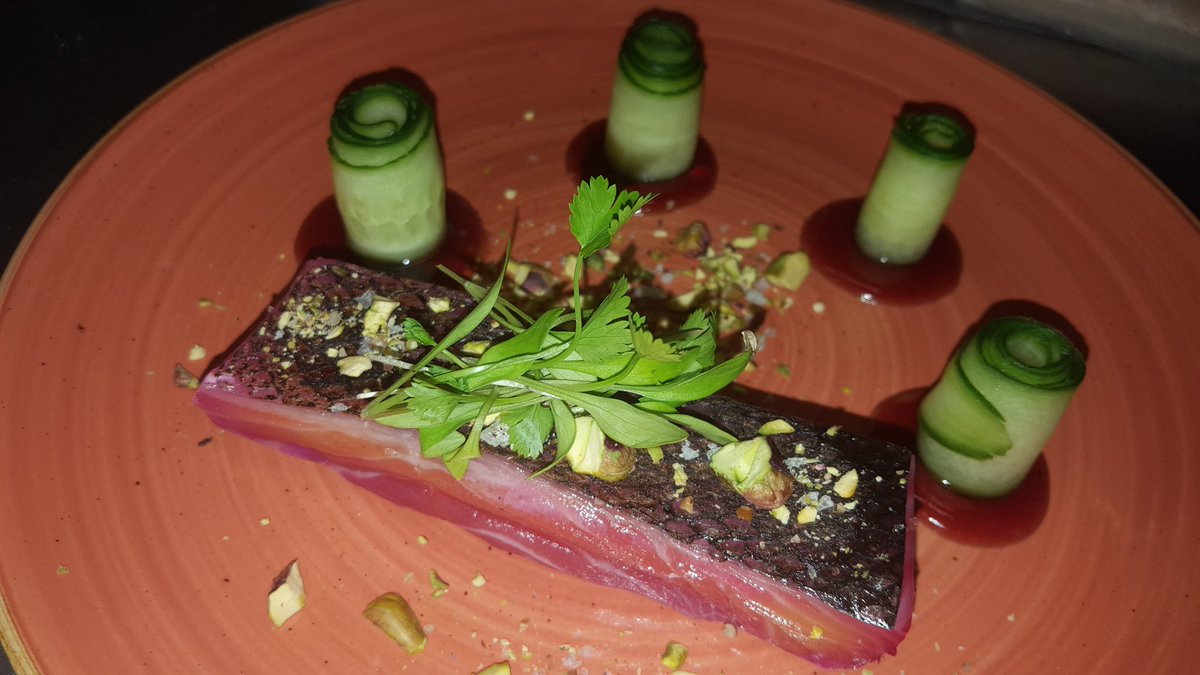 chef_dublin's tweet photo. curred salmon...pistachio..cherry sauce..cucumber https://t.co/bsR8zhz7yv