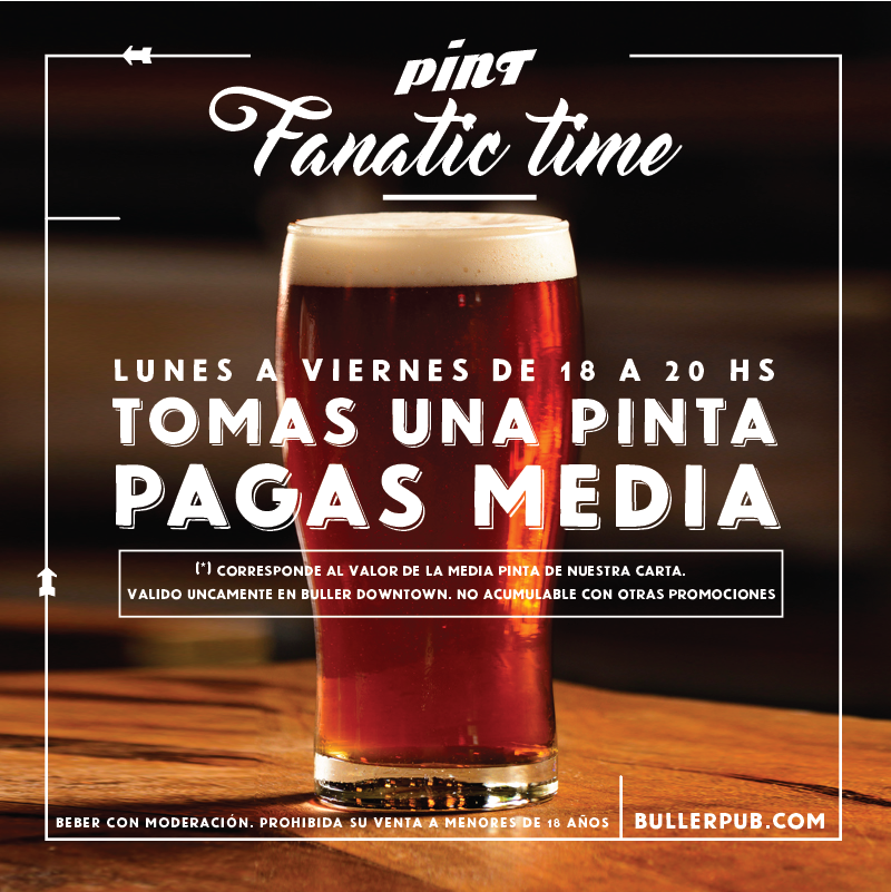 Hoy es un día para #FanáticosBuller! De 18 a 20hs en las mesas de adentro ¡Toman 1 pinta 🍺pero pagan 1/2 pinta! #lovebeers #since1999