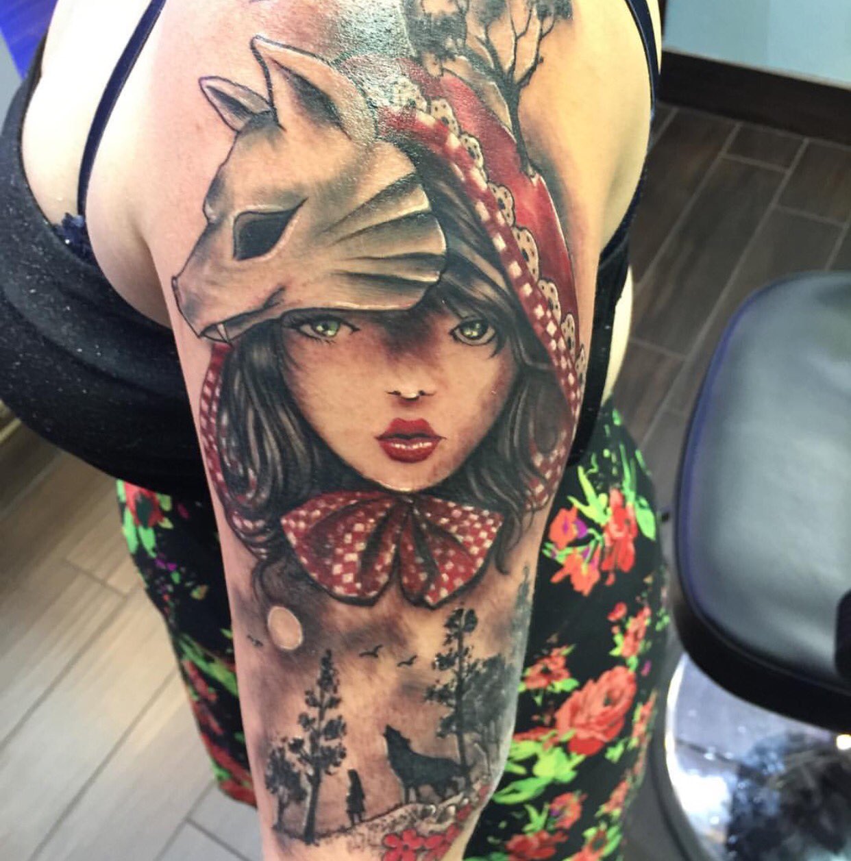 Little Red Riding Hood and the Big Bad Wolf can be seen on a womans back  at the International Tattoo Convention in Frankfurt am Main Germany 21  March 2015 Tattoo artists from