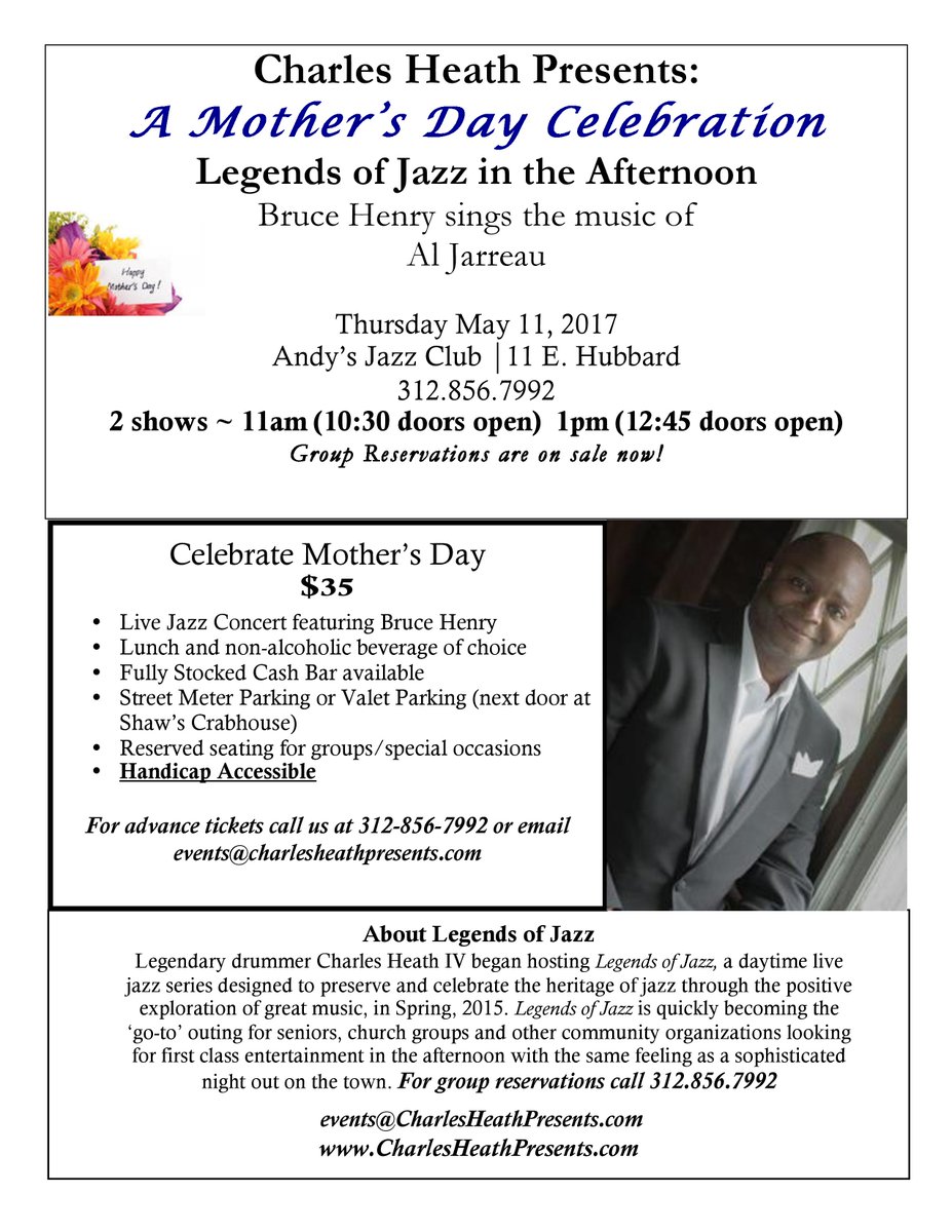 ChicagoAM's tweet photo. Celebrate Mother's Day early with Legends of Jazz in the Afternoon tomorrow at Andy's Jazz Club. https://t.co/186X1MFJYt
