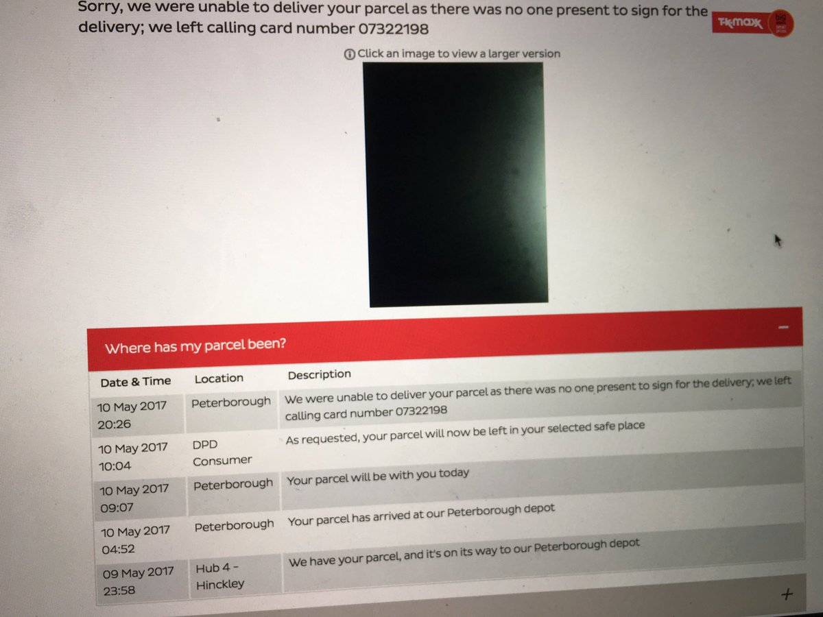 ZLTennant's tweet photo. @DPD_UK not impressed with this. It clearly says leave the parcel in a safe place if I was out. Calling card location photo is very suspect! https://t.co/ikuOiD72OE