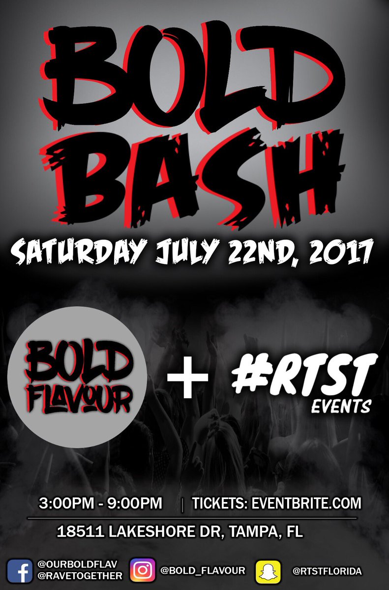 RTSTFLORIDA's tweet image. BOLD BASH IS COMING!
An RTST Sponsored event brought to you by Bold Flavour Vape Juices.

TICKETS HERE: eventbrite.com/e/bold-bash-ti…