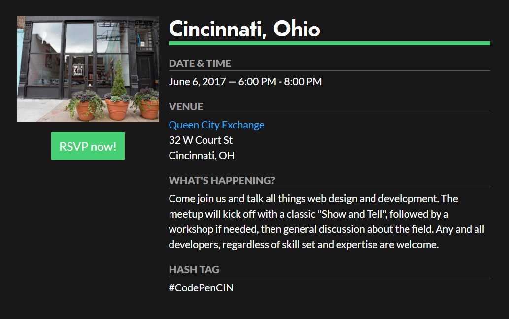 CodePenCIN's tweet image. It&apos;s official. We&apos;re on the #CodePen meetup page. #CodePenCIN
