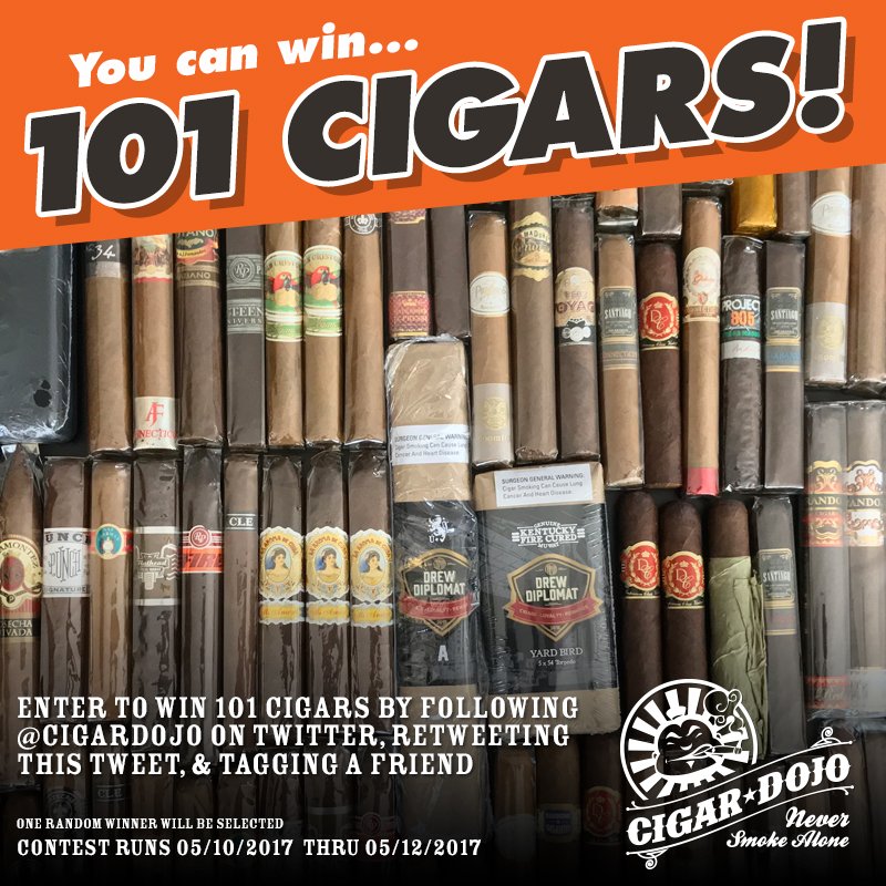 CigarDojo's tweet photo. Celebrating our 100th live show we are giving away not 💯 but 101 cigars! 😲 Follow us, retweet, &amp; tag a friend to enter. (ends 05-12-2017) https://t.co/PMGMStBgax