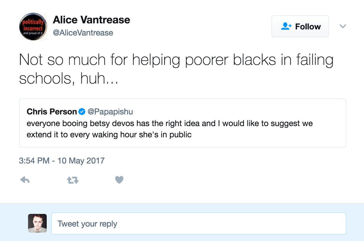 chris person on Twitter "god how fucking sad is your life when you quote tweet everything you can find on about Devos with "I guess you hate poor