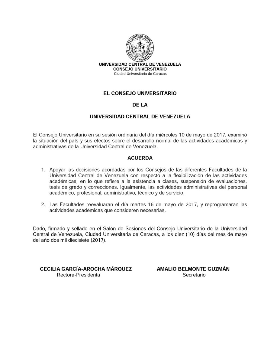 CUUCV_oficial's tweet photo. DECISIÓN DEL CONSEJO UNIVERSITARIO DE LA UNIVERSIDAD CENTRAL DE VENEZUELA  APROBADA EN LA SESIÓN ORDINARIA DEL 10-05-2017 https://t.co/hqlgdVpjoE